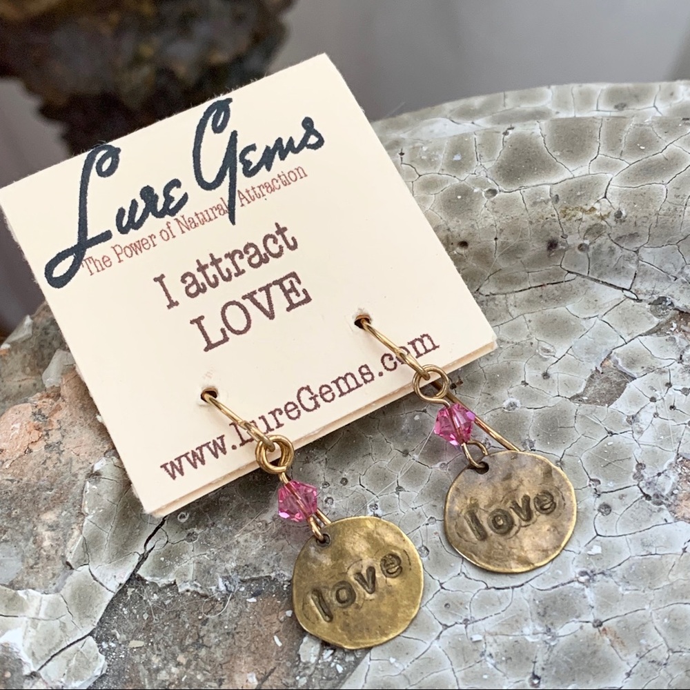 Brass Coin & Swarovski Crystal LOVE Earrings